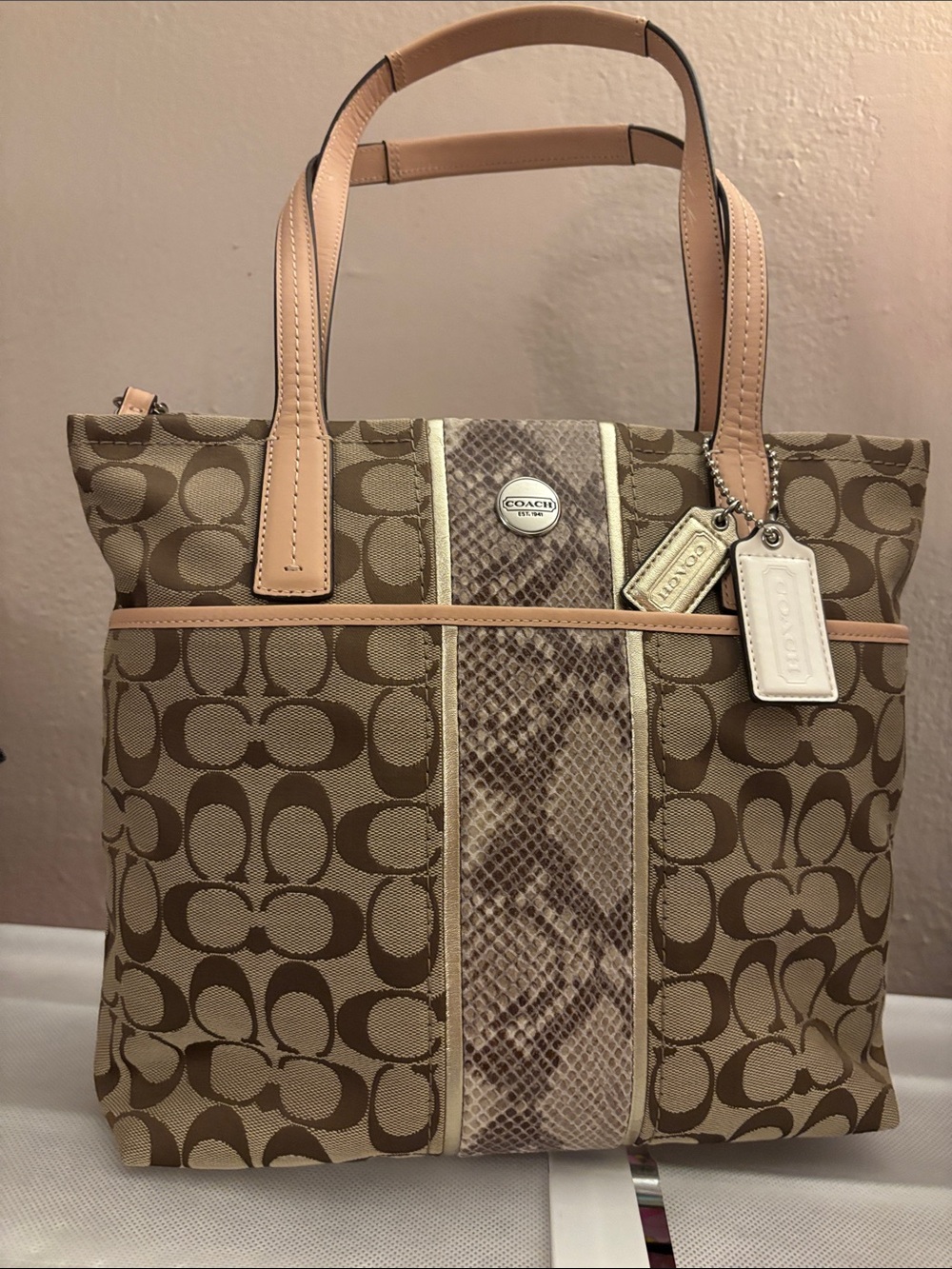Coach Signature Stripe Python Tote Bag NWT